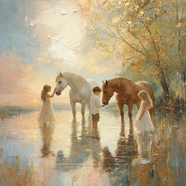 Pictură în ulei impasto — copii și cai blânzi la lacul din zori, varianta 4