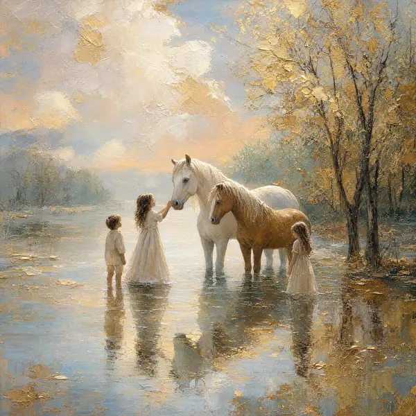Pictură în ulei impasto — copii și cai blânzi la lacul din zori, varianta 5