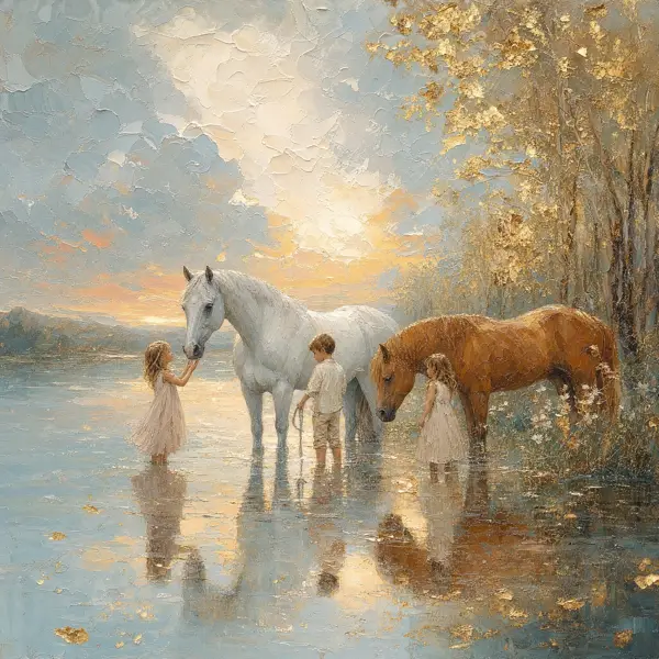 Pictură în ulei impasto — copii și cai blânzi la lacul din zori, varianta 6