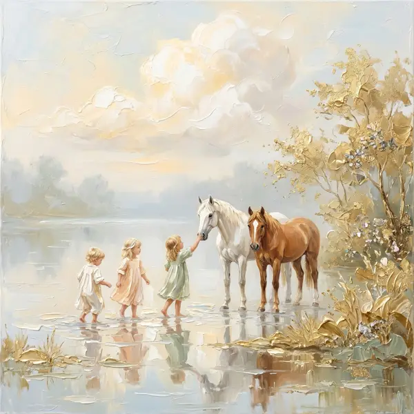 Pictură în ulei impasto — copii și cai blânzi la lacul din zori, varianta 7