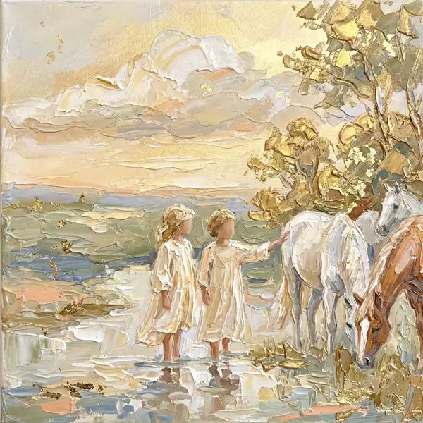 Pictură în ulei impasto — copii și cai blânzi la lacul din zori, varianta 8