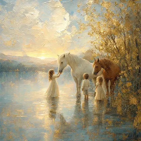 Pictură în ulei impasto — copii și cai blânzi la lacul din zori, varianta 9