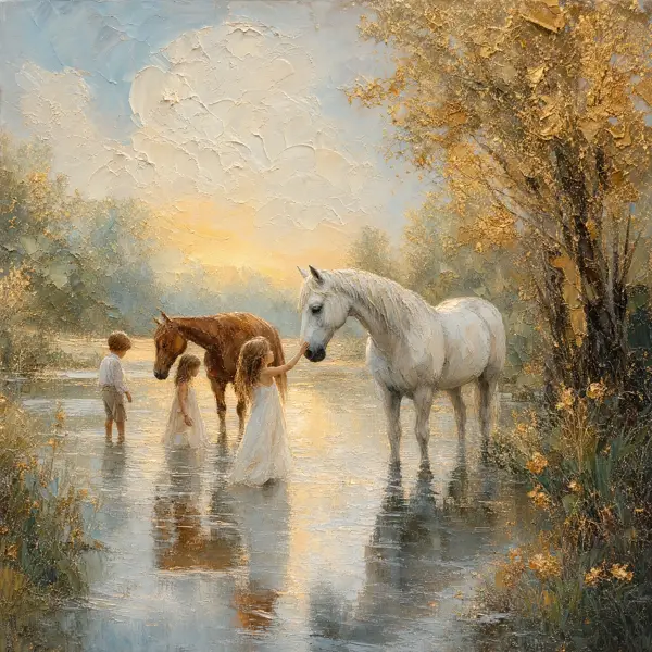 Pictură în ulei impasto — copii și cai blânzi la lacul din zori, varianta 10