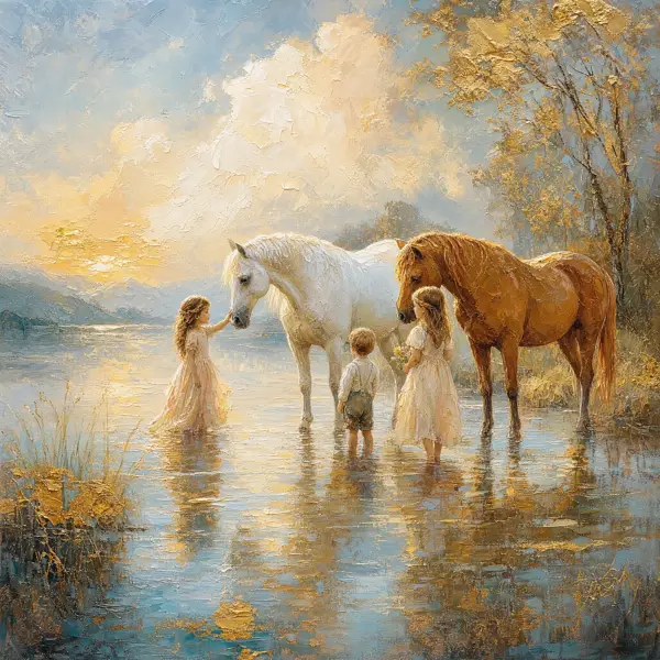 Pictură în ulei impasto — copii și cai blânzi la lacul din zori, varianta 11