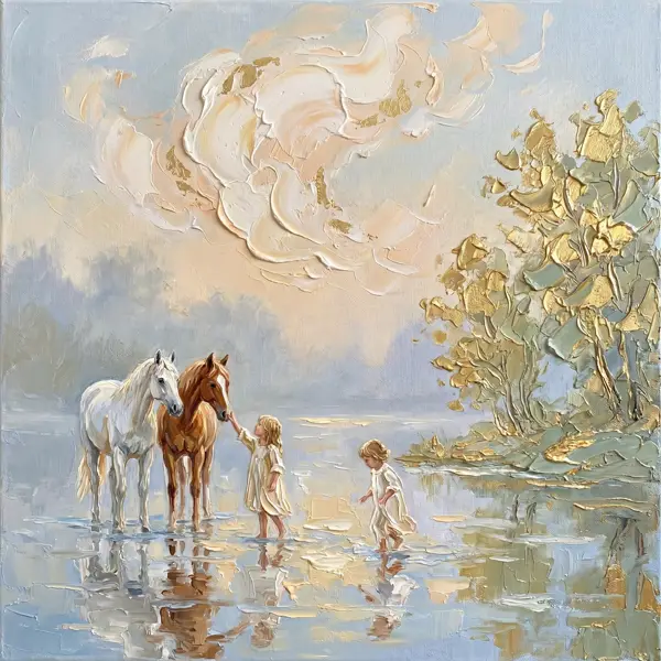 Pictură în ulei impasto — copii și cai blânzi la lacul din zori, varianta 12