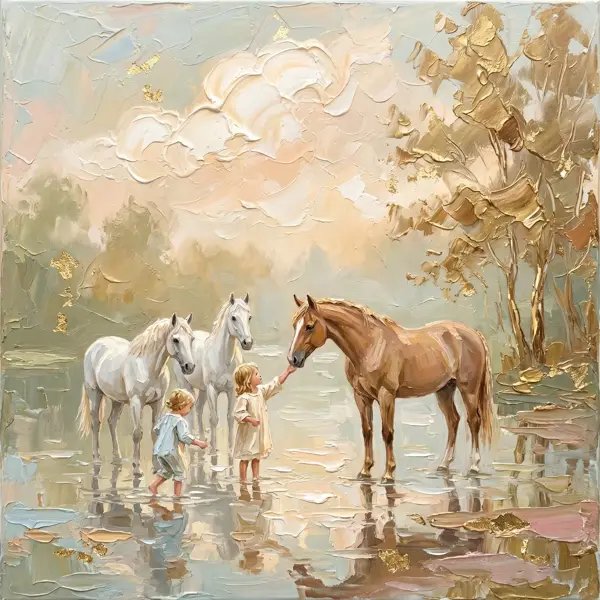Pictură în ulei impasto — copii și cai blânzi la lacul din zori, varianta 13