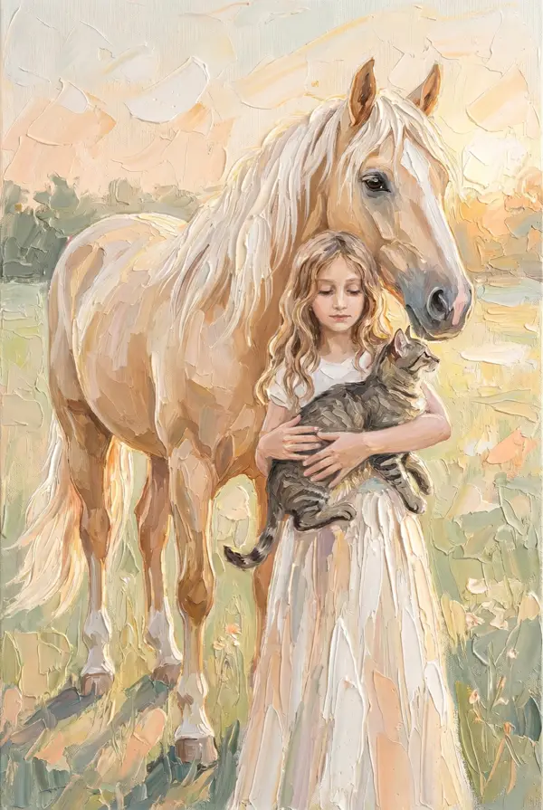 Pictură în ulei — Irene cu motanul Kevin și un cal palomino
