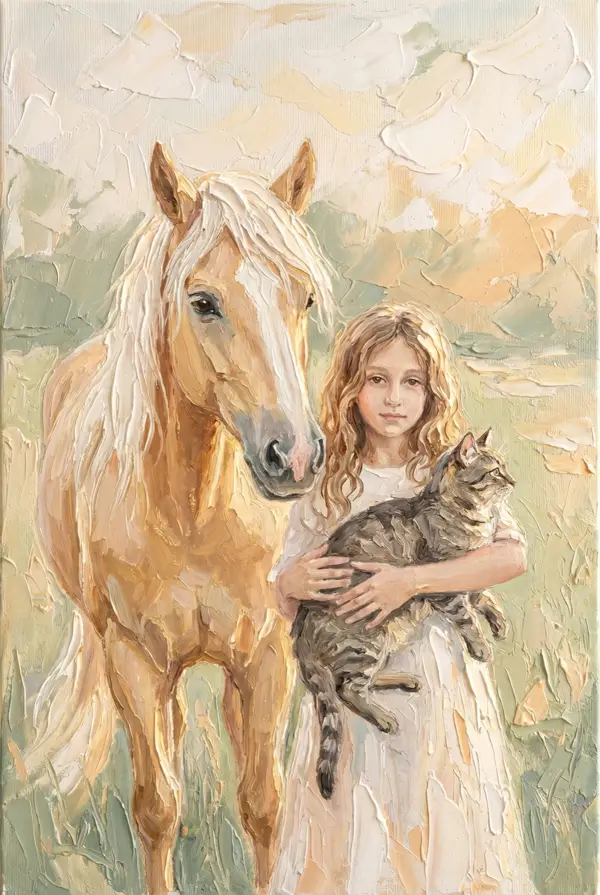 Pictură în ulei — Irene ținând motanul Kevin, palomino în spate
