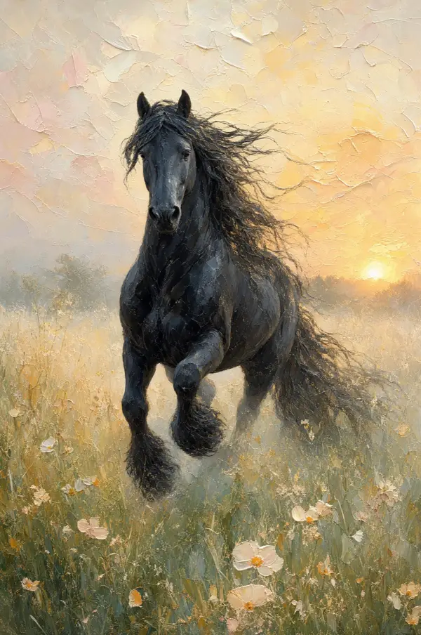Pictură în ulei — Friesian negru în galop prin pajiște