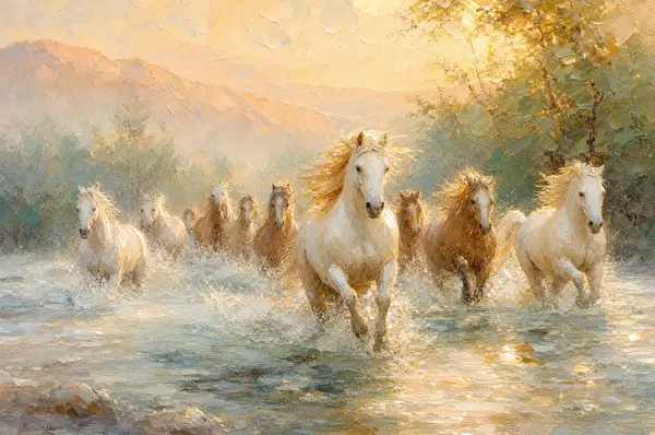 Pictură în ulei — herghelie traversând râul