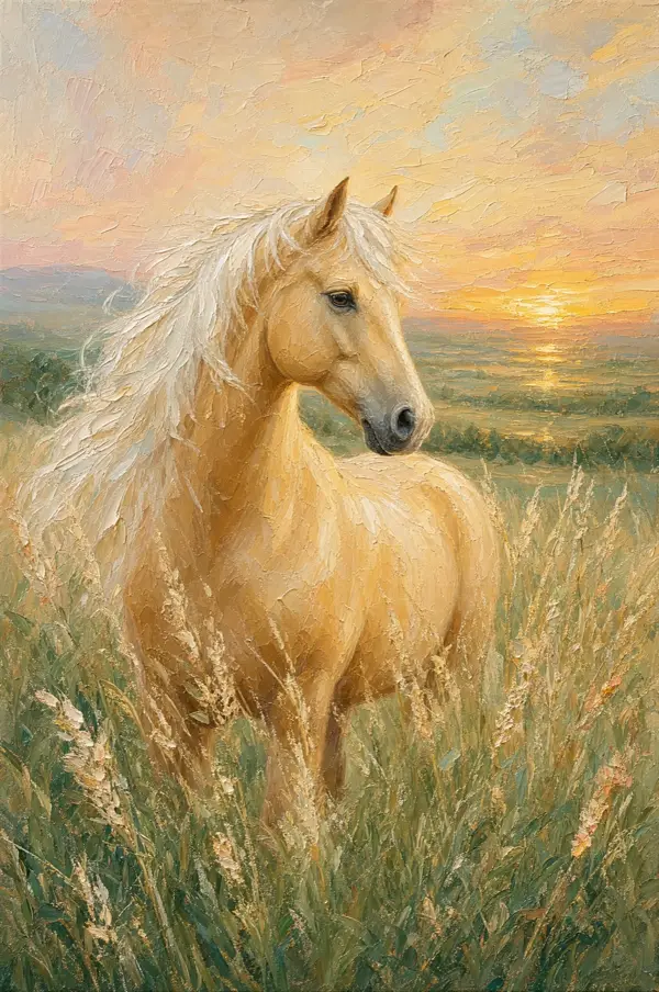Pictură în ulei — palomino în ierburi înalte, la apus