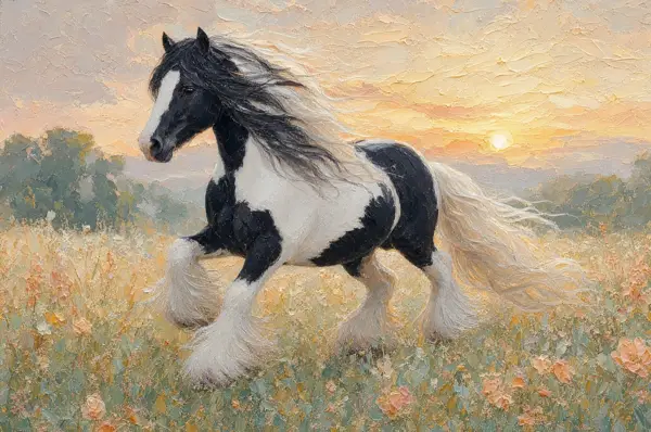 Pictură în ulei — Gypsy Vanner la trap, la ora de aur