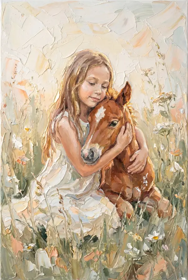 Pictură în ulei — Ingrid îmbrățișând un mânz roib