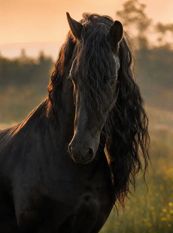 Friesian negru cu coamă bogată, la ora de aur
