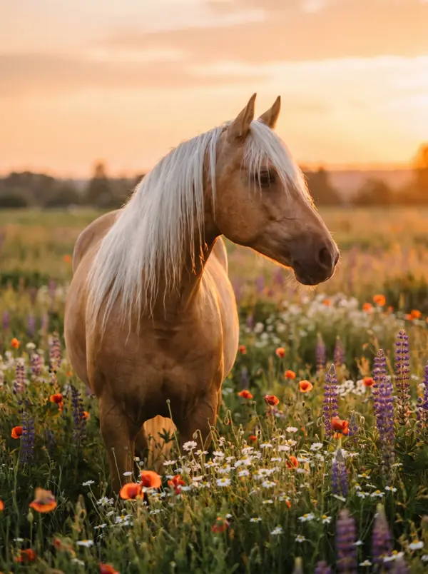 Palomino cu coamă albă în flori de vară