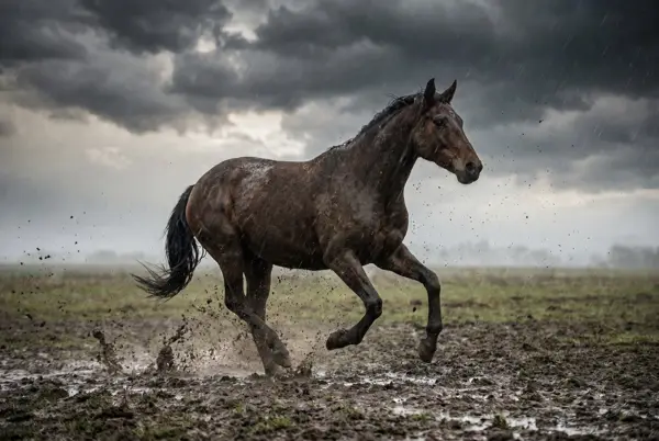 Cal în galop prin furtună și noroi