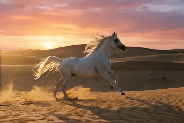 Arab alb galopând peste dune, la ora de aur